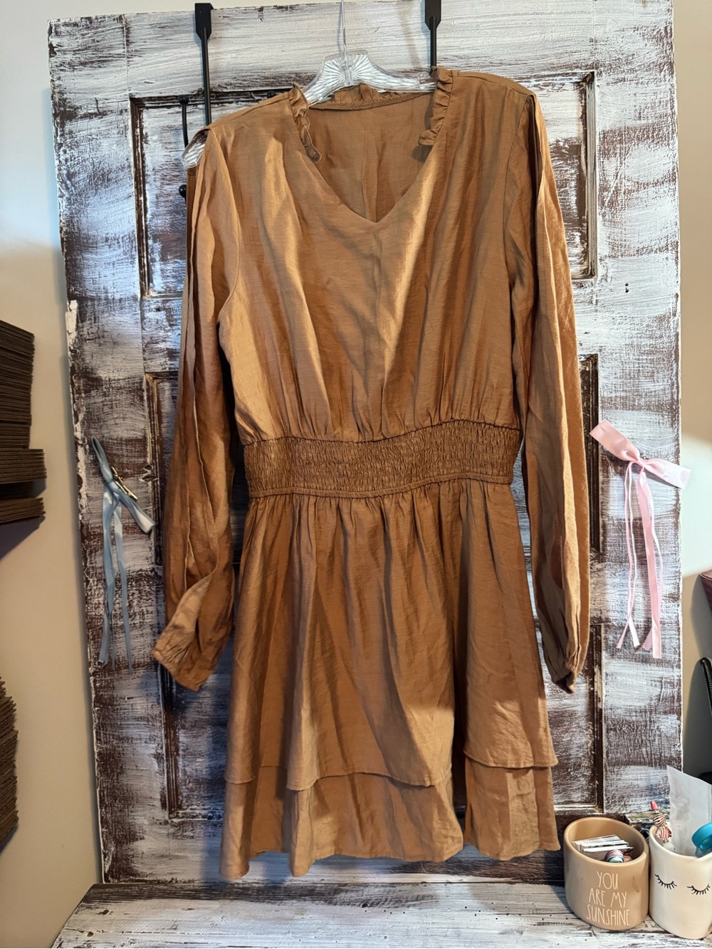 Cupshe Long Sleeve Tiered Smocked Waist Dress - Brown